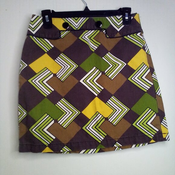 Loft Skirt Women 0P 0 Petite Retro Look 100% Cotton Pattern Brown Green - Picture 2 of 15